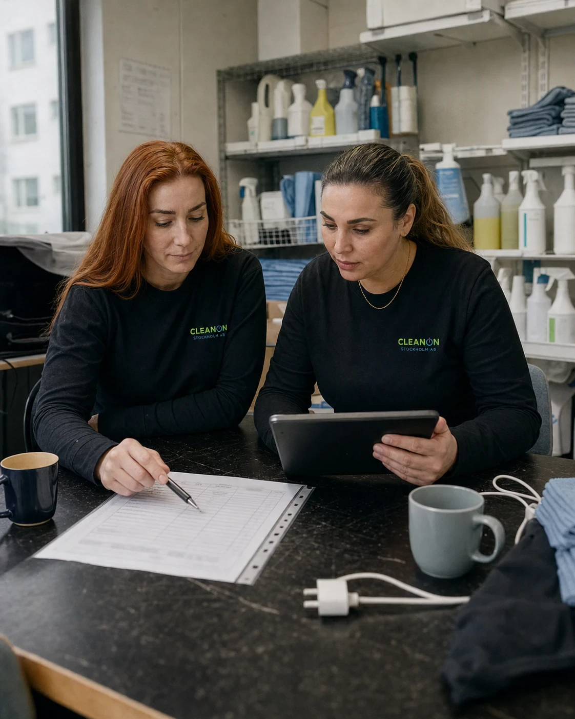 Två kollegor från CLEANON går igenom en bokningsförfrågan