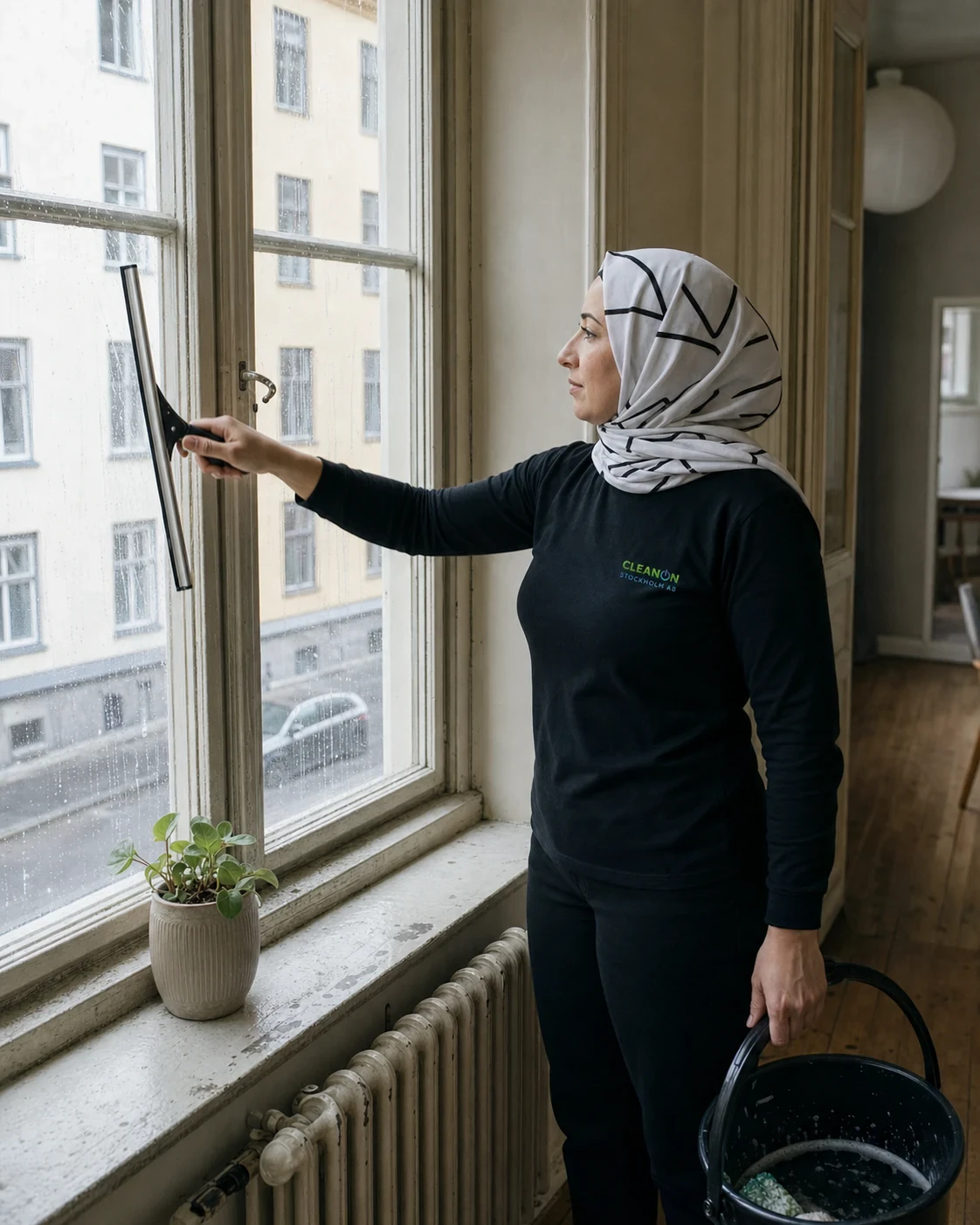 En medarbetare från CLEANON putsar ett äldre fönster